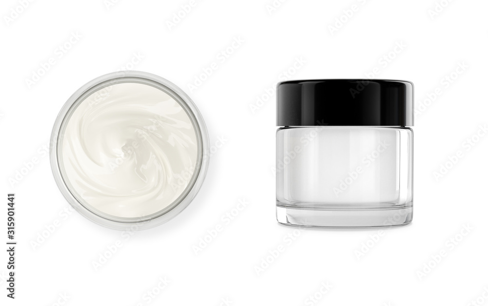 Cosmetic pot with body, face cream. Realistic packaging mockup template  with black cap. Isolated on white. Jar made of glass. Photos | Adobe Stock