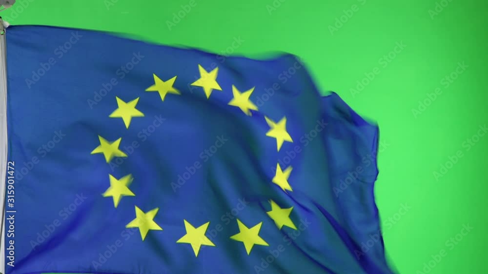 European Union Flag flying in front of Green Screen Chroma key - EU flag on Green Background European Union Flag flying in front of Green Screen Chroma key - EU flag on Green Background
