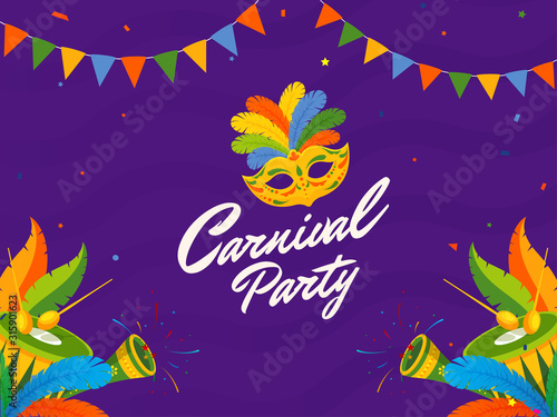Carnival Party Poster Design with Colorful Mask  Feather  Drum and Party Horn on Purple Background.