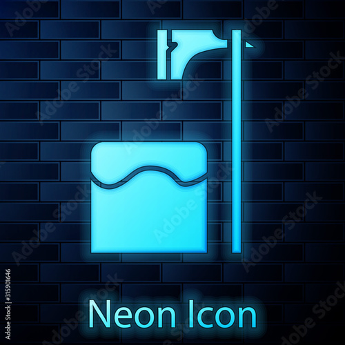 Glowing neon Executioner axe in tree block icon isolated on brick wall background. Hangman, torturer, executor, tormentor, butcher, headsman. Vector Illustration