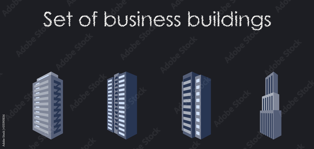 Skyscrapers buildings. Towers city business architecture, apartment and office building, urban landscape. Vector illustration in trendy flat style isolated on background