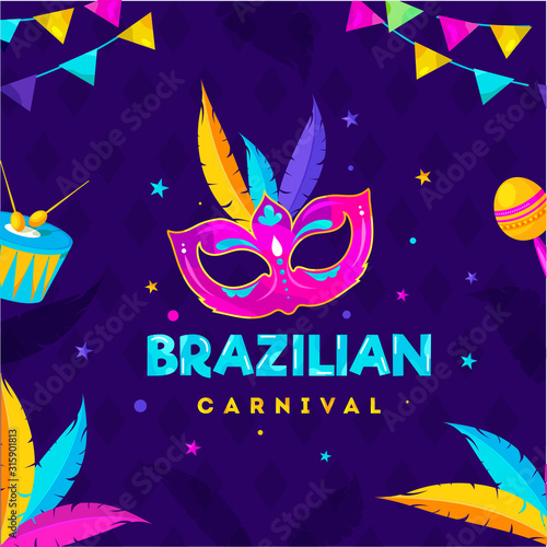 Brazilian Carnival Celebration Concept with Party Mask, Drum, Maracas and Colorful Feather Decorated on Purple Rhombus Pattern Background.