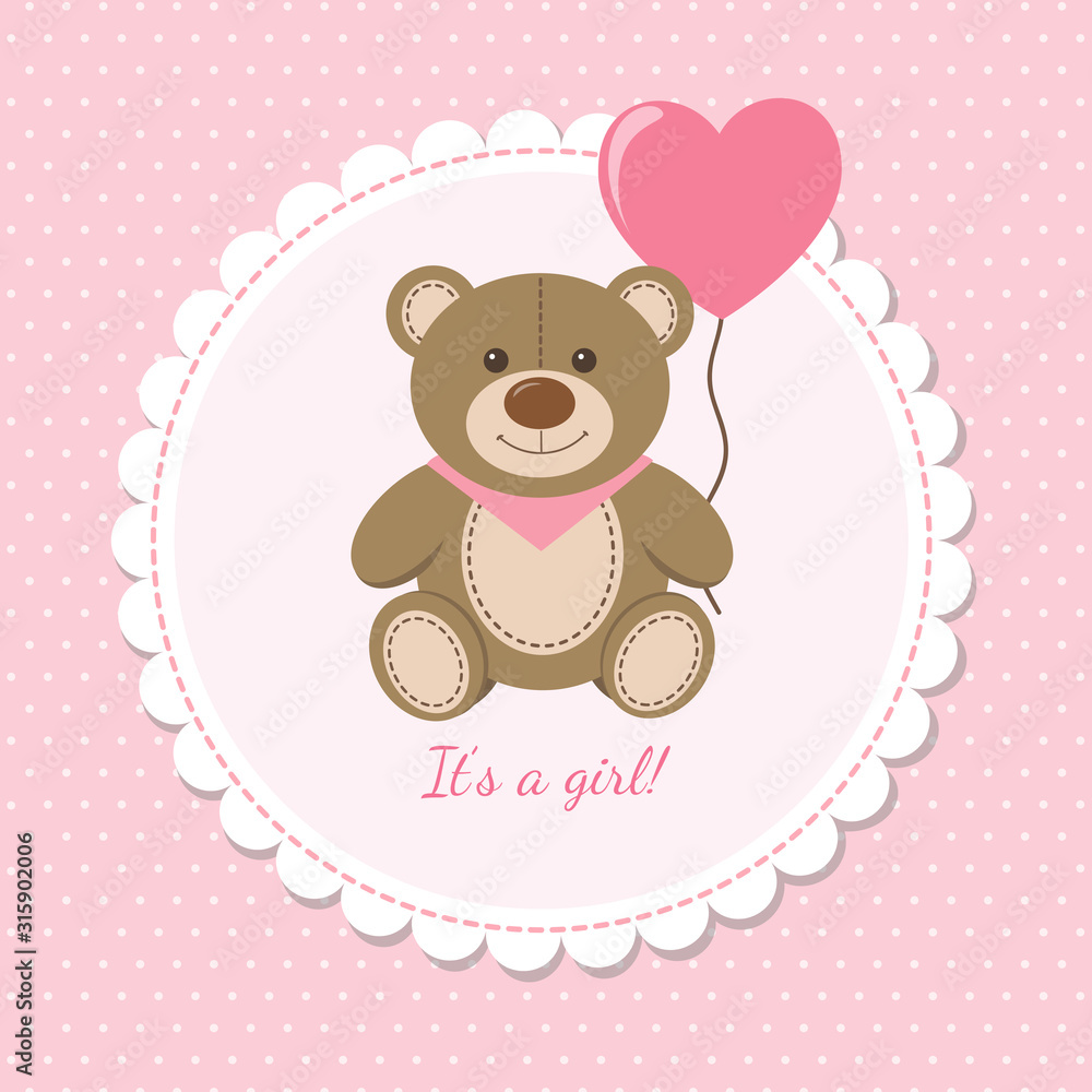 Baby shower celebration, happy birthday, greeting and invitation card. Cute teddy bear with heart balloon. Vector illustration in cartoon style