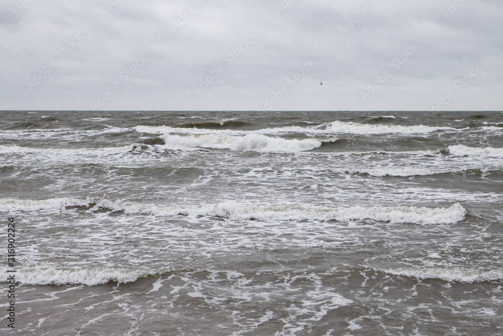 Fototapeta premium Seaside view of Baltic sea waves on a cloudy and stormy winter day near beach. Photo taken in Latvia.