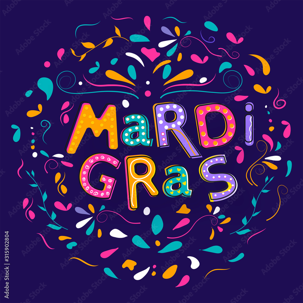 Creative Stylish Mardi Gras Text Decorated with Colorful Arc Drops on Purple Background.
