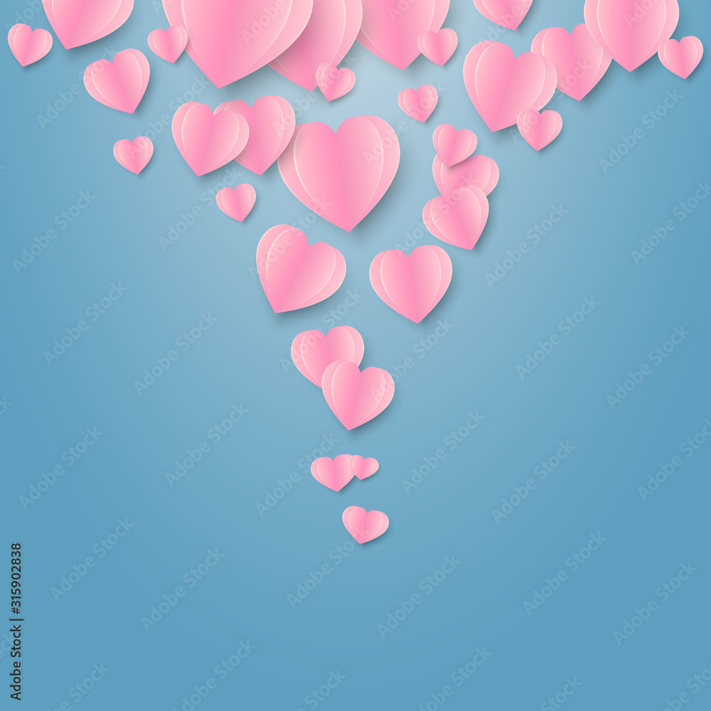 Pink heart shapes flying on blue background . Valentine's Day ,Happy Women's and Mother's day , birthday . paper art style .