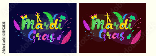 Colorful Mardi Gras Font with Silhouette Juggler, Crown, Hat, Guitar and Feather Decorated Background in Two Color Option.
