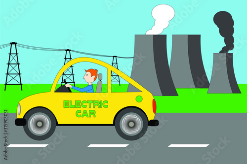 yellow electric car, nuclear reactor, cooling towers of nuclear plant, factory with black smoke