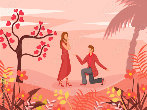 Young Boy Proposing To His Girlfriend with Love Tree on Beautiful Nature View Background.