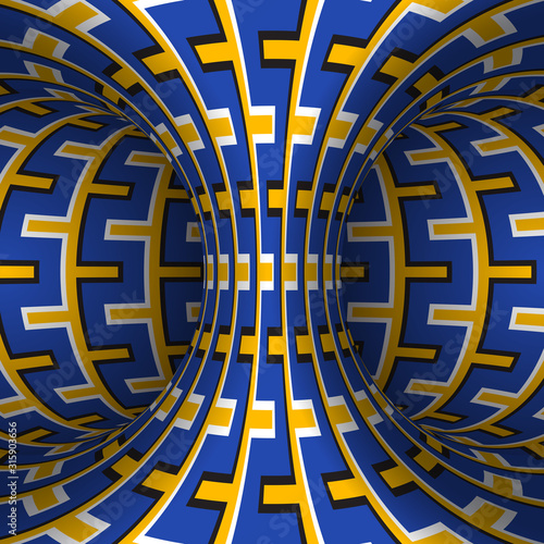Moving patterned torus of blue yellow decorative stripes. Vector hypnotic optical illusion illustration.