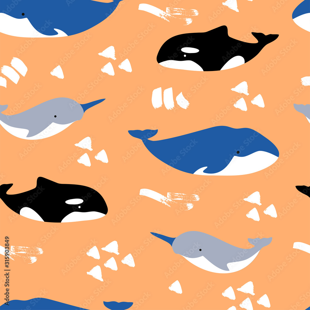Fototapeta premium Seamless pattern with cute cartoon whale, orca, narwhal on orange background. Vector sea background for kids. Character design for fabric, textile, decor, children invite, baby shower