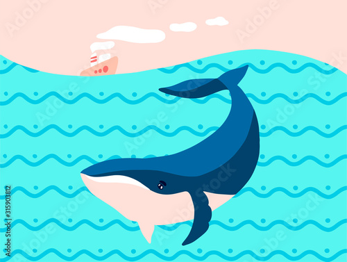 Card template with huge white whale swimming under the small steamboat. Flat style vector illustration.