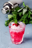 Glass of Cold Cocktail with Cranberry Vodka Mint Blue background Summer Beverage
