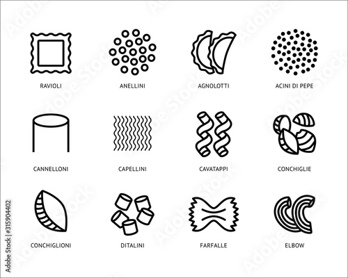 Pasta types line art vector icons set. Ravioli, cannelloni Italian traditional food linear illustrations pack. Conchiglie, capellini, farfalle isolated contour symbols collection on white background