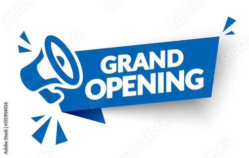 Vector Illustration Grand Opening Banner Template. Marketing Business Concept With Megaphone. Modern Label Element.