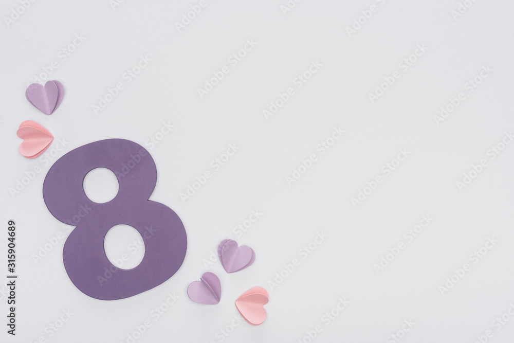 top view of paper hearts and number 8 isolated on white top view of paper hearts and number 8 isolated on white
