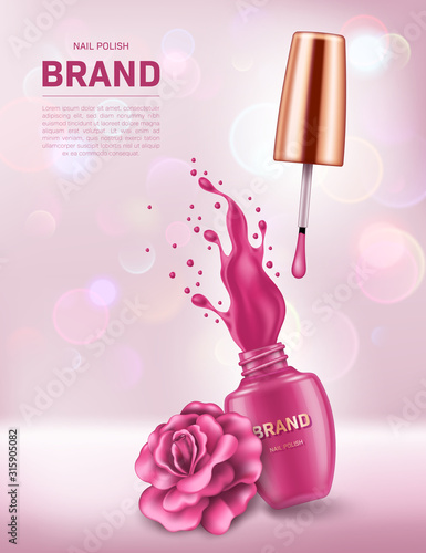 Realistic open nail polish bottle with splash and rose on background with bokeh lights. Cosmetic brand advertising concept design