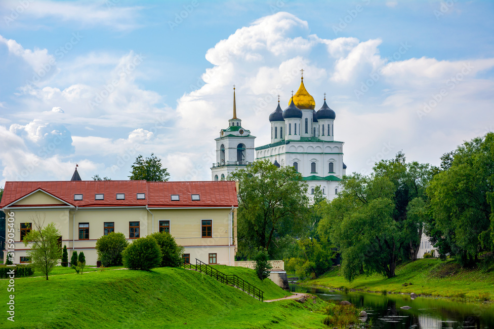Pskov, view of  Trinity Cathedral from Park on the Bank of the Pskova river