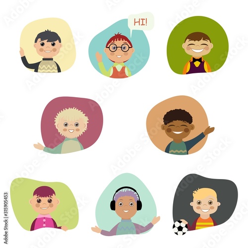 In every window pit, people and children talk, smile, wave their hands, play, sing, and listen to music. Flat design style minimal vector illustration