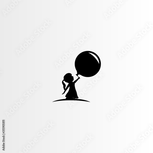 the silhouette of a little girl blowing balloons
