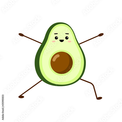 Avocado character design on white background. Avocado yoga for pregnant women. Morning exercises for children. Cute illustration for greeting cards, stickers, fabric, websites and prints.