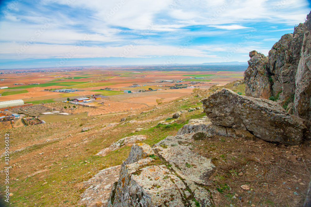 TOLEDO, SPAIN - February 4, 2019: Consuegra is an a windmills area which has a story about Don Quijote. Spain is an European country which has many touristic places..