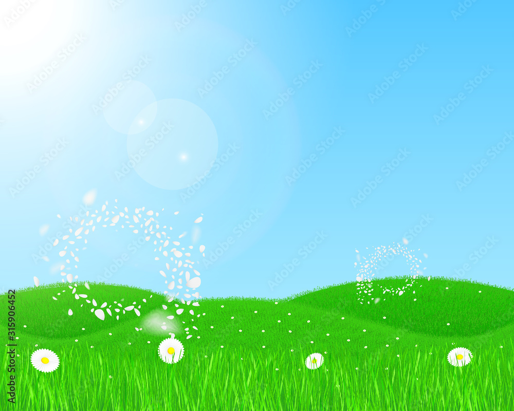 Spring design with floral meadow. White daisy in the green grass. The wind blows the flower petals swirling, in the air. Grassy hills in the background in the sunshine. Spring design with floral meadow. White daisy in the green grass. The wind blows the flower petals swirling, in the air. Grassy hills in the background in the sunshine.