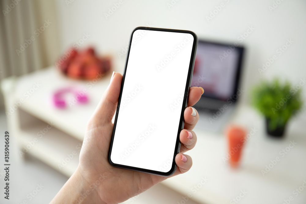 female hand holding phone with isolated screen on background room