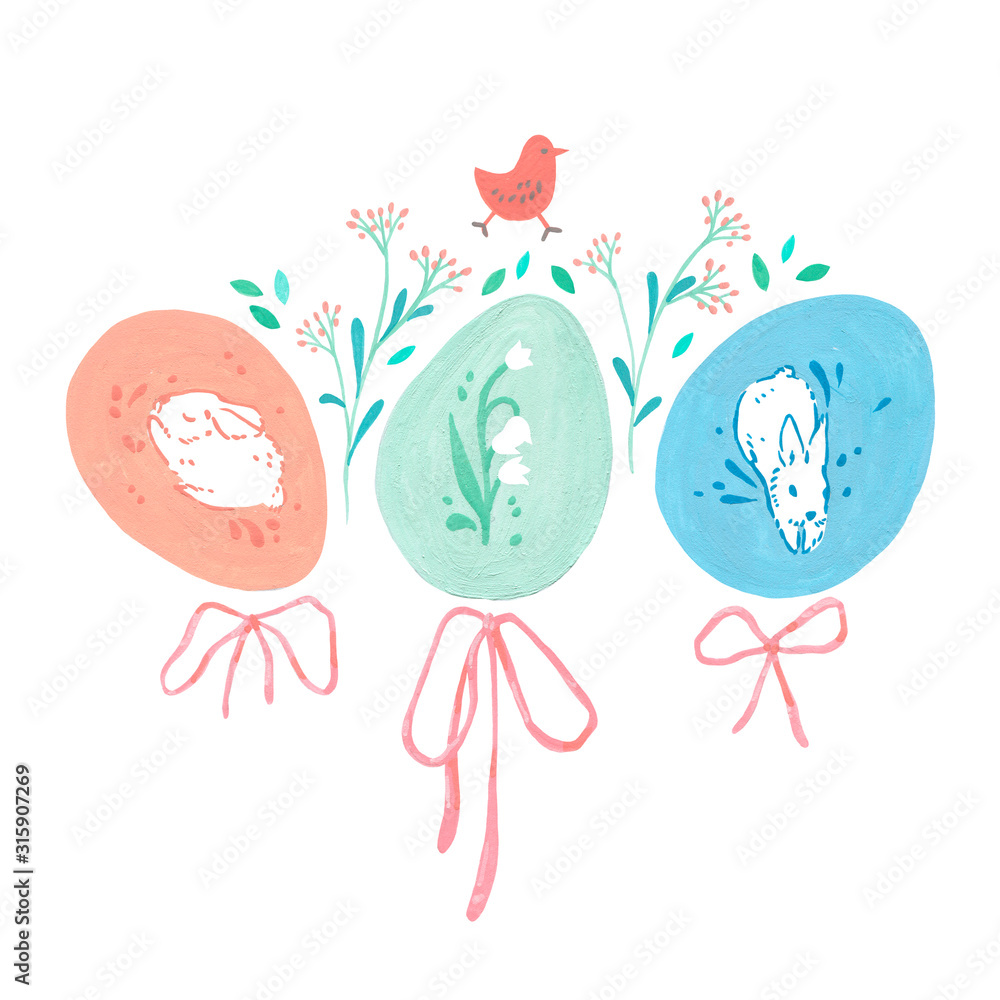 Cute print easter rabbits with color eggs, flowers and doodle leaves. Easter celebration blush drawing for printing on paper or gift wrap and wallpaper. Blossom April decorative floral composition. Cute print easter rabbits with color eggs, flowers and doodle leaves. Easter celebration blush drawing for printing on paper or gift wrap and wallpaper. Blossom April decorative floral composition.