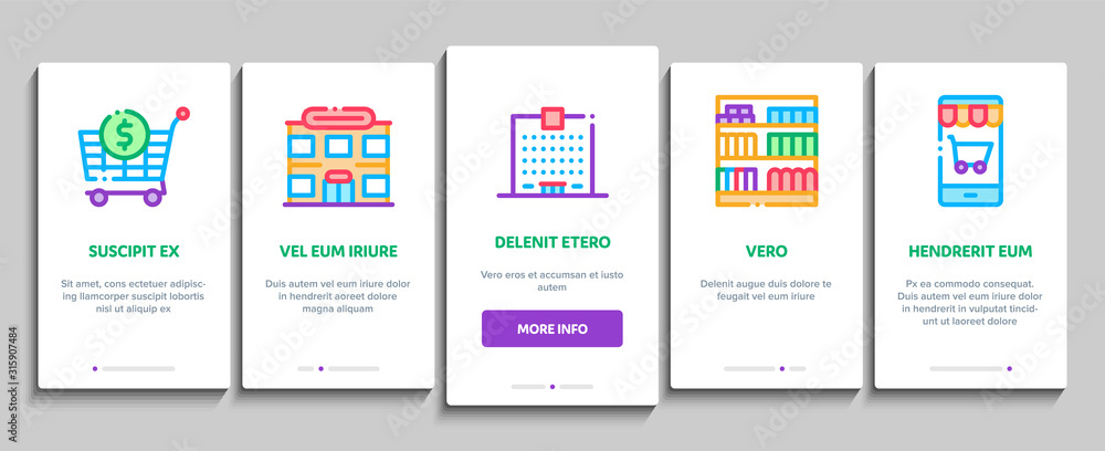 Grocery Shop Shopping Onboarding Mobile App Page Screen Vector. Internet Grocery Shop Or In Super Market, Scales And Cash Machine Concept Linear Pictograms. Color Contour Illustrations