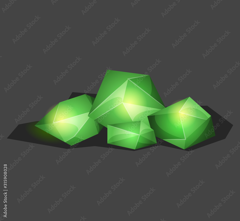 Crystalline stone or gem and precious gemstone for jewellery. Simple crystal symbol with reflection. Cartoon icon as decoration for games. Isolated Vector. Green Crystalline stone or gem and precious gemstone for jewellery. Simple crystal symbol with reflection. Cartoon icon as decoration for games. Isolated Vector. Green