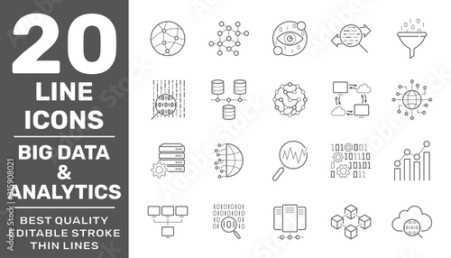 Big data and Data analysis vector line icons, minimal pictogram design. Editable Stroke. EPS 10