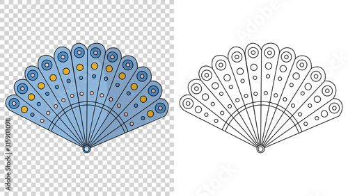 Asian fans. Colored hand traditional fan isolated on transparent background  paper folding painting vector fan in web style. Decorative whisker for man and woman. And sketch style