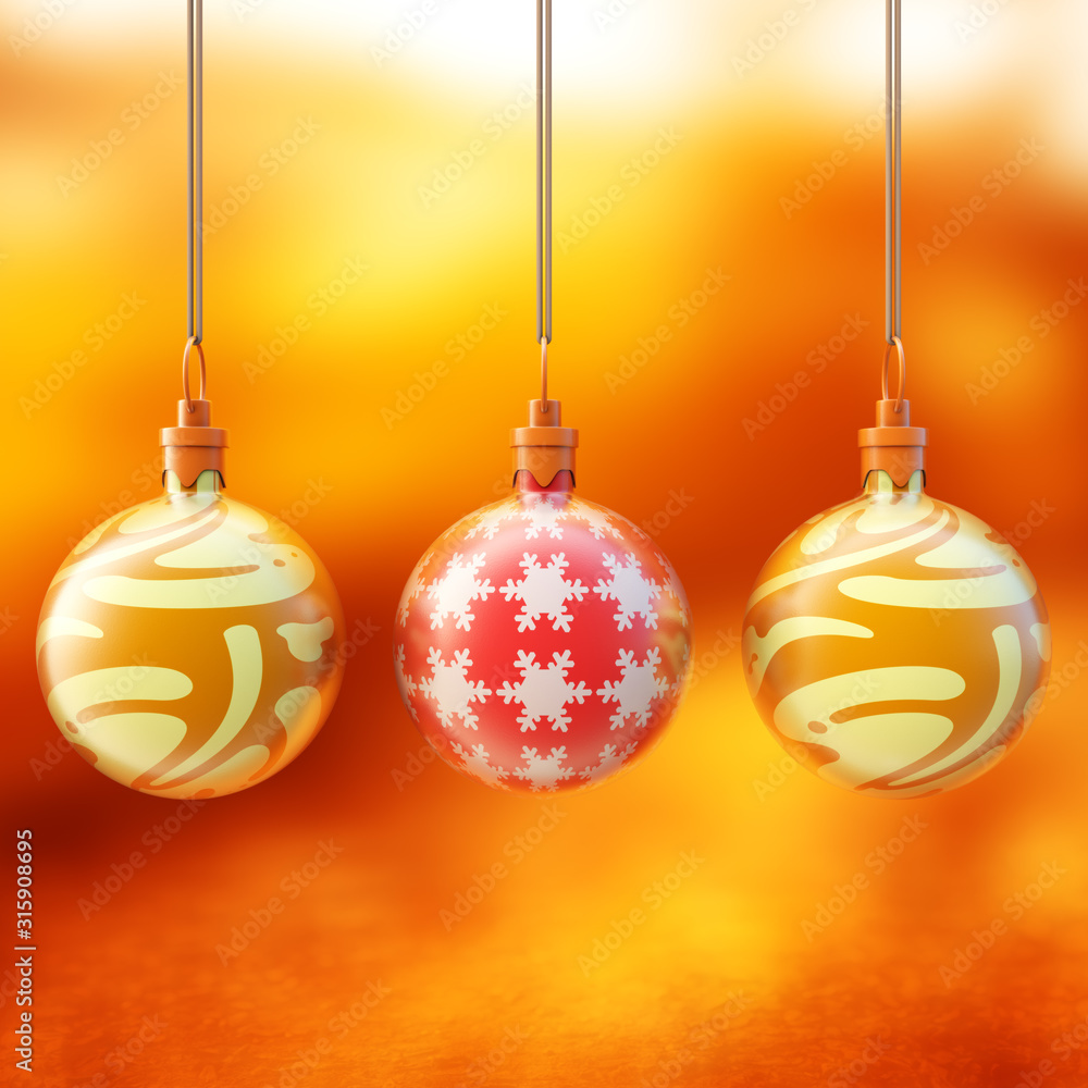 christmas ornamental balls on soft focus warm background