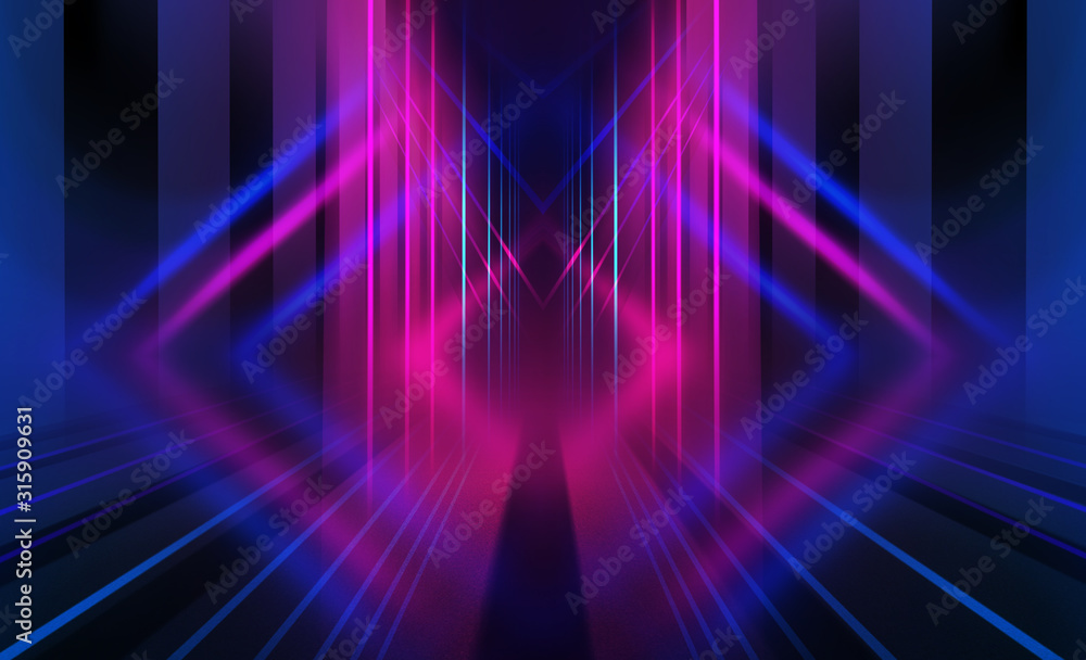 Empty dark abstract background. Background of empty show scene. Glow of neon lights and neon figures on an empty concert stage. Reflection of light on the pavement. Empty dark abstract background. Background of empty show scene. Glow of neon lights and neon figures on an empty concert stage. Reflection of light on the pavement.
