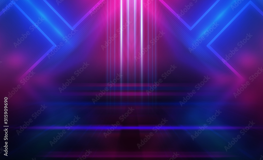Empty dark abstract background. Background of empty show scene. Glow of neon lights and neon figures on an empty concert stage. Reflection of light on the pavement. Empty dark abstract background. Background of empty show scene. Glow of neon lights and neon figures on an empty concert stage. Reflection of light on the pavement.