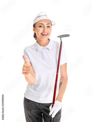 Beautiful female golfer showing thumb-up on white background