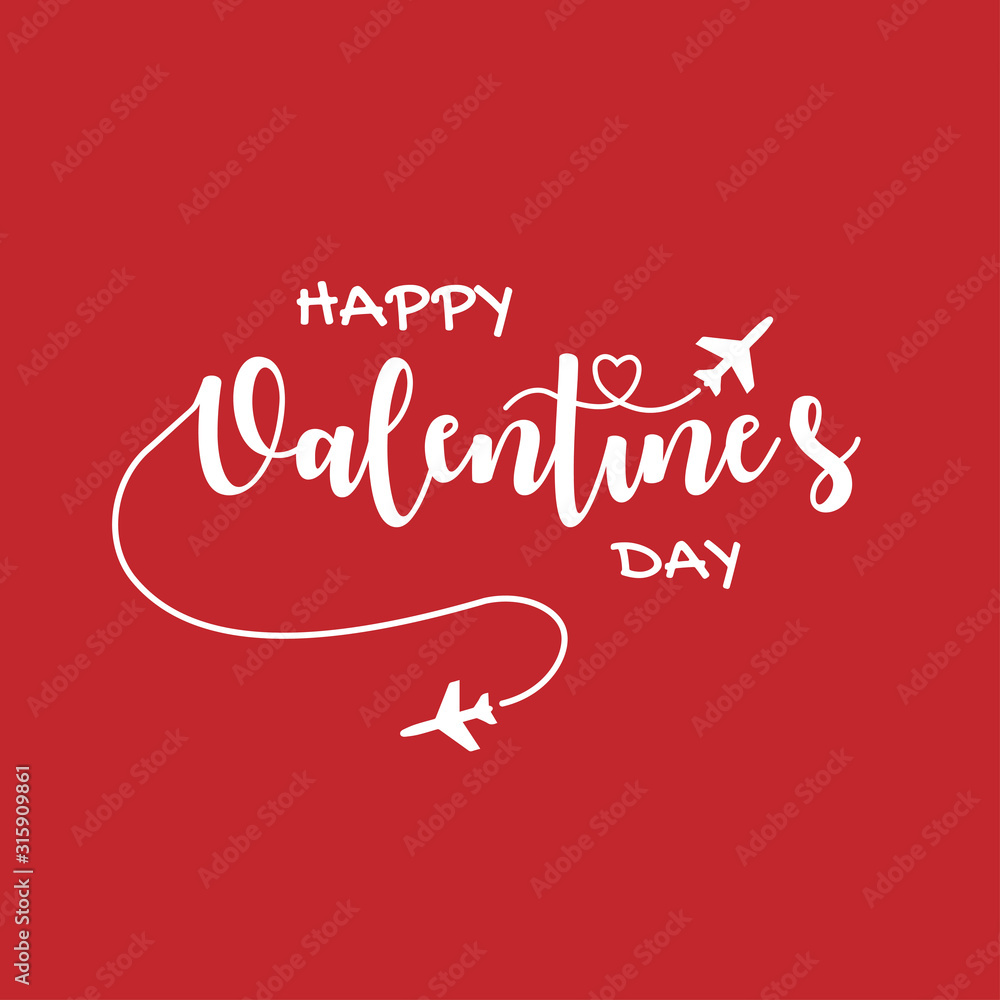 Happy Valentines Day creative banner with lettering on the red background. Valentines Day romantic greeting card with modern calligraphy. Text written by airplanes. Vector illustration Happy Valentines Day creative banner with lettering on the red background. Valentines Day romantic greeting card with modern calligraphy. Text written by airplanes. Vector illustration