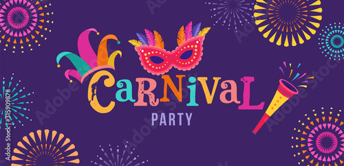 Carnival, party, Rio Carnaval, Purim background with confetti, music instruments, masks, clown hat and fireworks. Vector illustration
