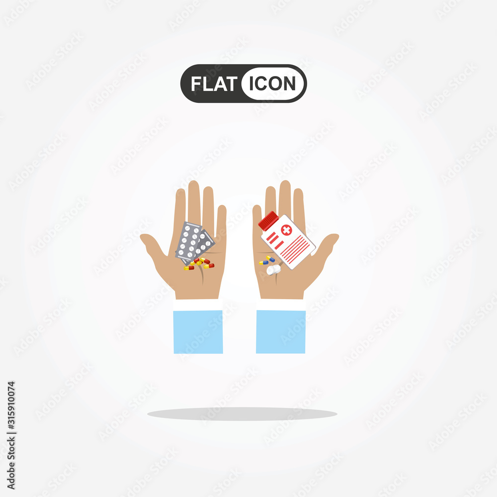 Obraz premium Doctor Hands holds capsules, Tablets, drugs. Medical Prescription. Healthcare. illustration in flat style 