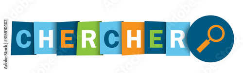 Bouton web typographique multicolore vecteur CHERCHER avec loupe