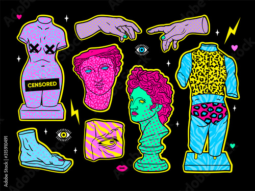 Acid ancient sculpture illustrations in trendy psychedelic cosmic style.