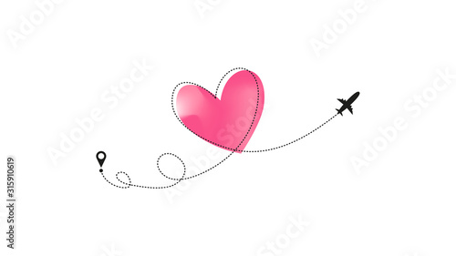 Love airplane route with pastel neon pink Heart dashed line trace and plane routes isolated on white background. Romantic wedding travel, Honeymoon trip. Hearted plane path drawing. Vector