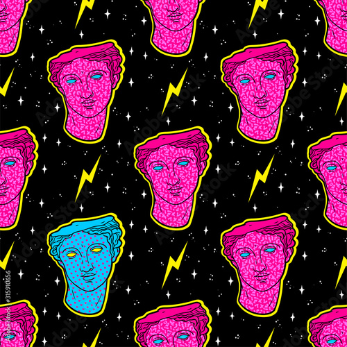 Trendy acid seamless pattern with ancient sculpture in psychedelic cosmic style.