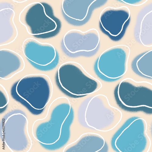 Organic blue shapes and white lines.Hand drawn abstract seamless pattern. Modern art for paper, fabric, web design.