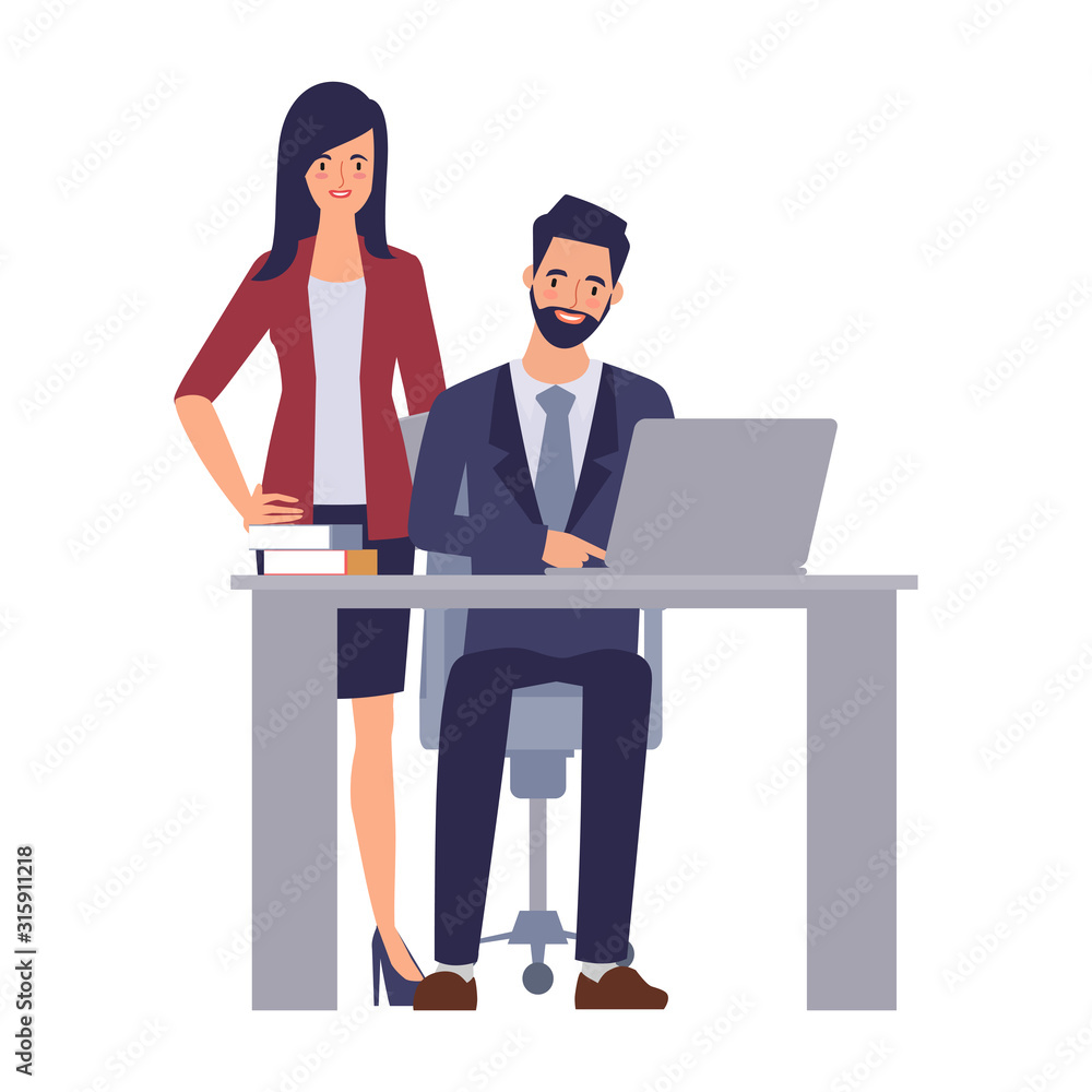 Businessman and Businesswoman join to working character. Teamwork process concept. Businessman and Businesswoman join to working character. Teamwork process concept.