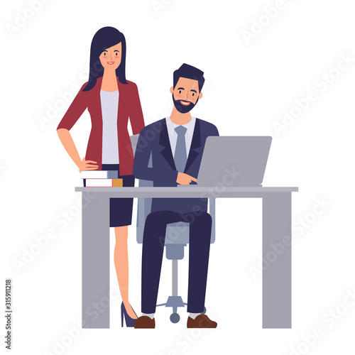 Businessman and Businesswoman join to working character. Teamwork process concept.