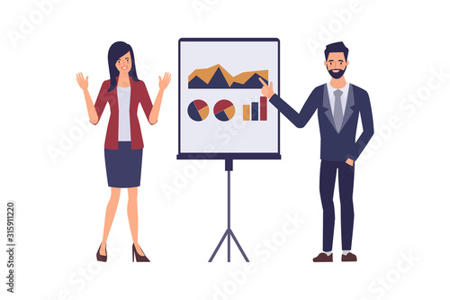 Business people discussing business chart on whiteboard flat vector illustration.