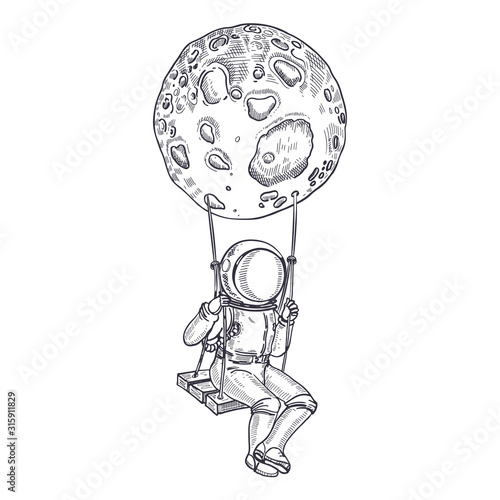 Astronaut is sitting on a swing. Coloring Page.