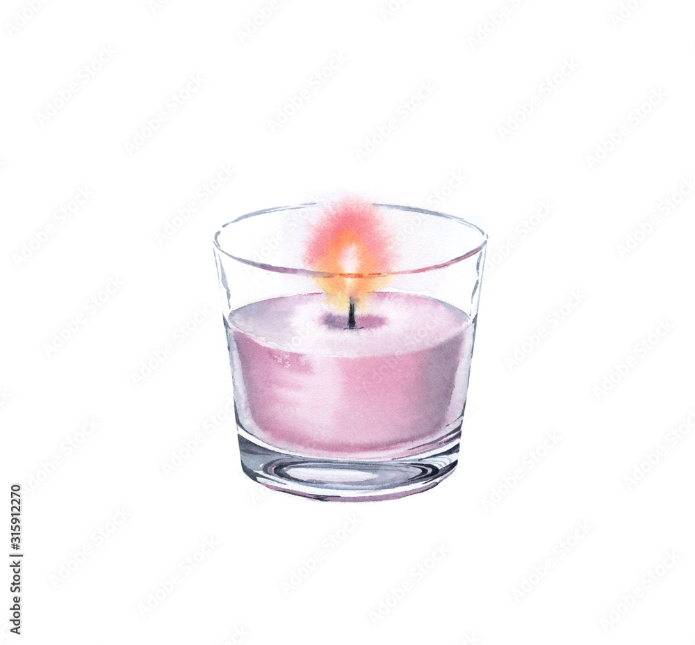 Watercolor candle in a glass. Pink light with rose fragrance. Spa and cosmetic products isolated on white background. Realistic illustration for beauty salon and Wellness center Watercolor candle in a glass. Pink light with rose fragrance. Spa and cosmetic products isolated on white background. Realistic illustration for beauty salon and Wellness center